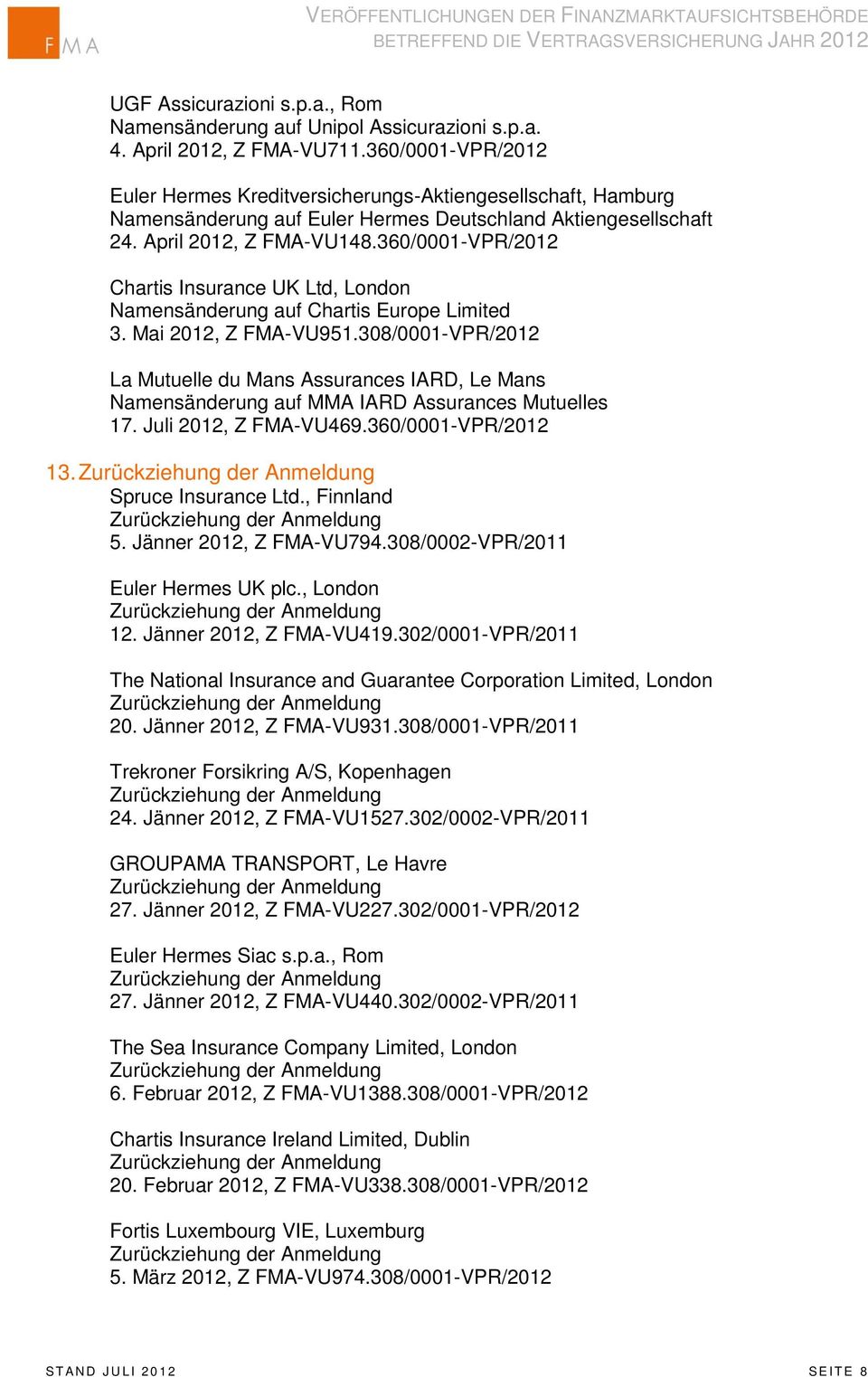 360/0001-VPR/2012 Chartis Insurance UK Ltd, London Namensänderung auf Chartis Europe Limited 3. Mai 2012, Z FMA-VU951.