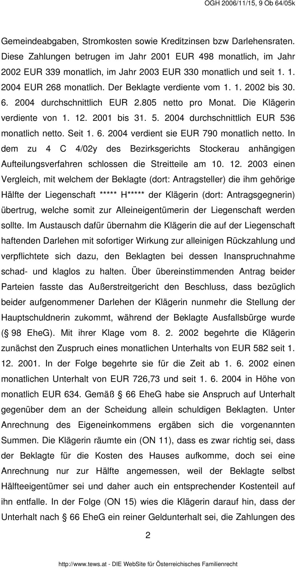 2004 durchschnittlich EUR 536 monatlich netto. Seit 1. 6. 2004 verdient sie EUR 790 monatlich netto.