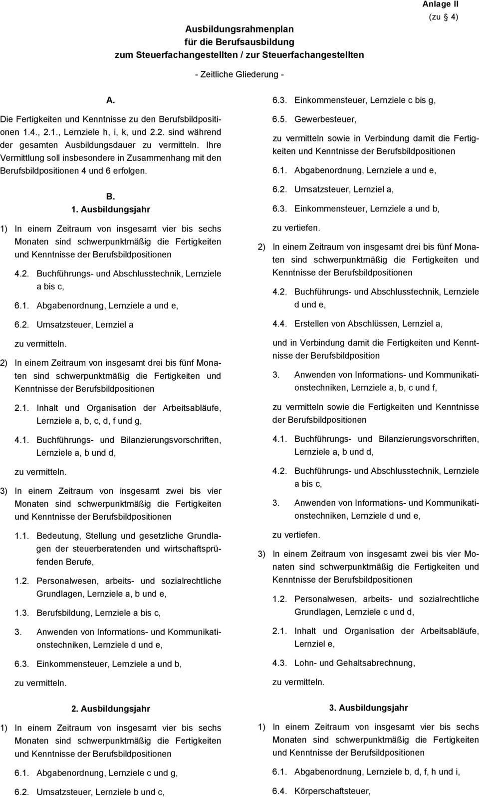 Ihre Vermittlung soll insbesondere in Zusammenhang mit den Berufsbildpositionen 4 und 6 erfolgen. B. 1. Ausbildungsjahr 1) In einem Zeitraum von insgesamt vier bis sechs 4.2.