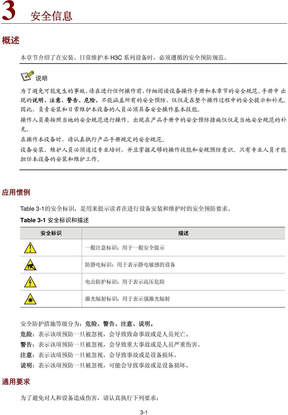 操 作 本 设 备 时, 请 认 真 执 行 产 品 手 册 规 定 的 安 全 规 范 设 备 安 装 维 护 人 员 必 须 通 过 专 业 培 训, 并 且 掌 握 足 够 的 操 作 技 能 和 安 规 预 防 意 识 只 有 专 业 人 员 才 能 担 任 本 设 备 的 安 装 和 维 护 工 作 应 用 惯 例 Table 3-1 的 安 全 标 识, 是 用 来 提 示 读 者