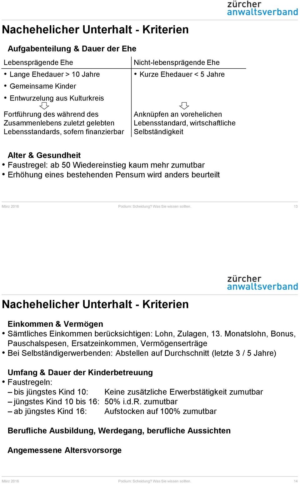 Faustregel: ab 50 Wiedereinstieg kaum mehr zumutbar Erhöhung eines bestehenden Pensum wird anders beurteilt 13 Nachehelicher Unterhalt - Kriterien Einkommen & Vermögen Sämtliches Einkommen