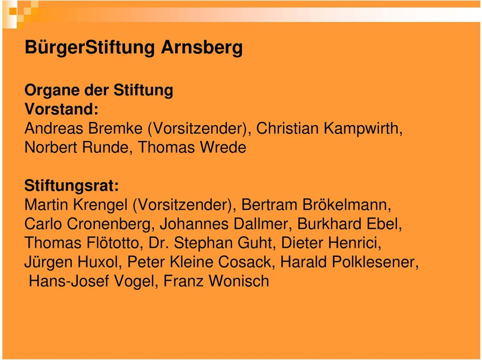 Brökelmann, Carlo Cronenberg, Johannes Dallmer, Burkhard Ebel, Thomas Flötotto, Dr.