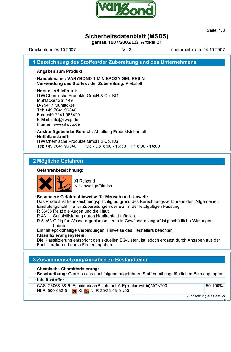 de Internet: www.itwcp.de Auskunftgebender Bereich: Abteilung Produktsicherheit Notfallauskunft: ITW Chemische Produkte GmbH & Co.