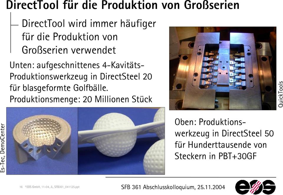Produktionsmenge: 20 Millionen Stück QuickTools Es-Tec, DemoCenter Oben: Produktionswerkzeug in DirectSteel 50 für