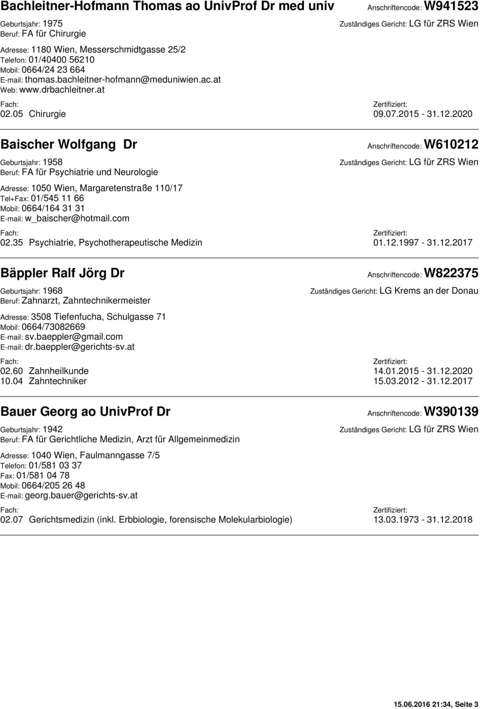 2020 Baischer Wolfgang Dr Geburtsjahr: 1958 Beruf: FA für Psychiatrie und Neurologie Adresse: 1050 Wien, Margaretenstraße 110/17 Tel+Fax: 01/545 11 66 Mobil: 0664/164 31 31 E-mail: w_baischer@hotmail.