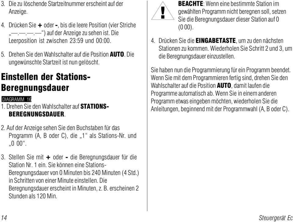 Einstellen der Stations- Beregnungsdauer DIAGRAMM 16 1. Drehen Sie den Wahlschalter auf STATIONS- BEREGNUNGSDAUER.
