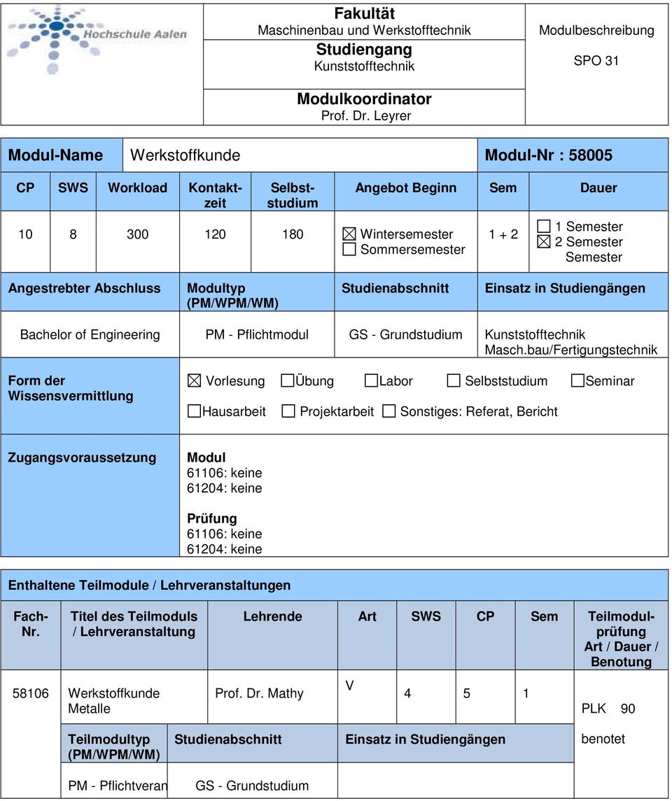 of Engineering PM - Pflichtmodul GS - Grundstudium Kunststofftechnik Masch.