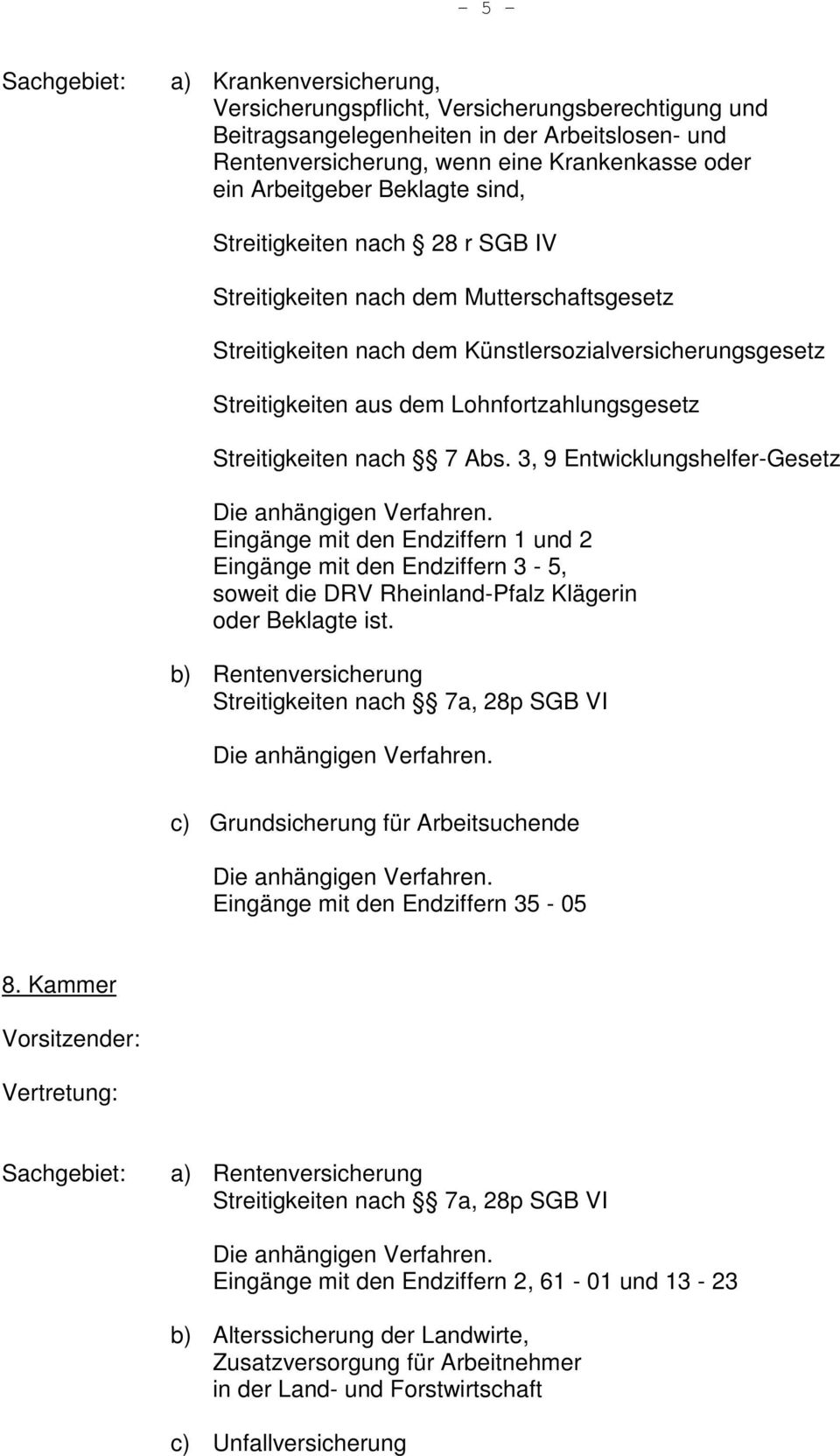 Streitigkeiten nach 7 Abs. 3, 9 Entwicklungshelfer-Gesetz Eingänge mit den Endziffern 1 und 2 Eingänge mit den Endziffern 3-5, soweit die DRV Rheinland-Pfalz Klägerin oder Beklagte ist.