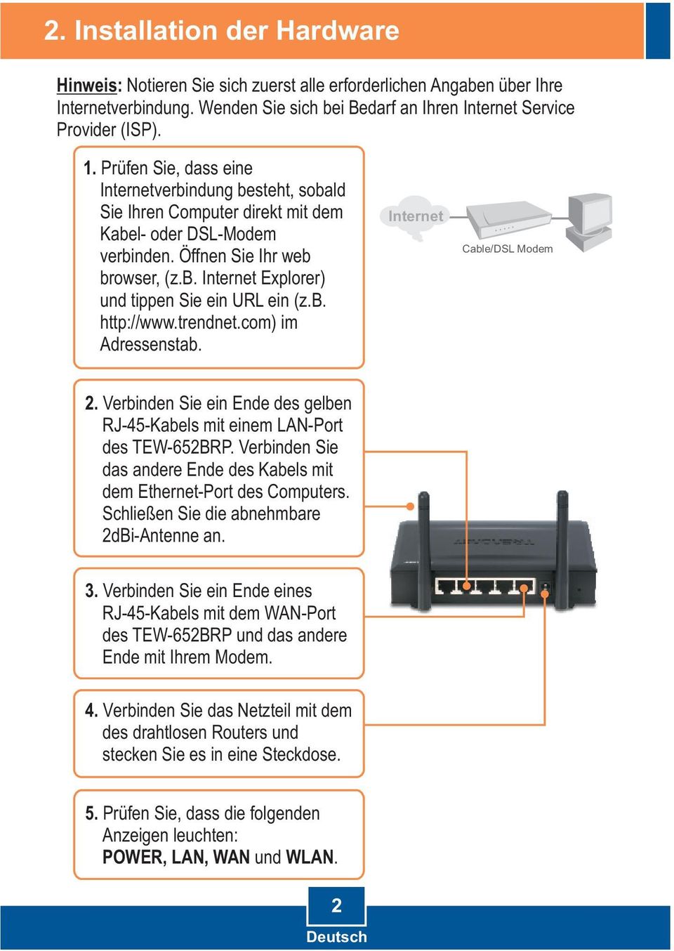 b. http://www.trendnet.com) im Adressenstab. Internet Cable/DSL Modem 2. Verbinden Sie ein Ende des gelben RJ-45-Kabels mit einem LAN-Port des TEW-652BRP.