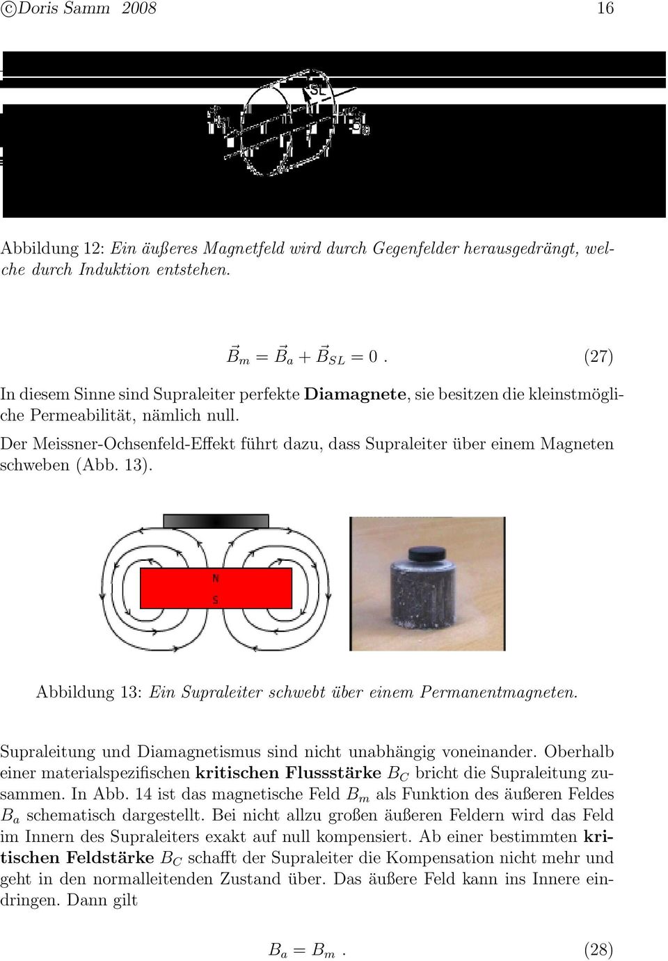 Der Meissner-Ochsenfeld-Effekt führt dazu, dass Supraleiter über einem Magneten schweben (Abb. 13). Abbildung 13: Ein Supraleiter schwebt über einem Permanentmagneten.