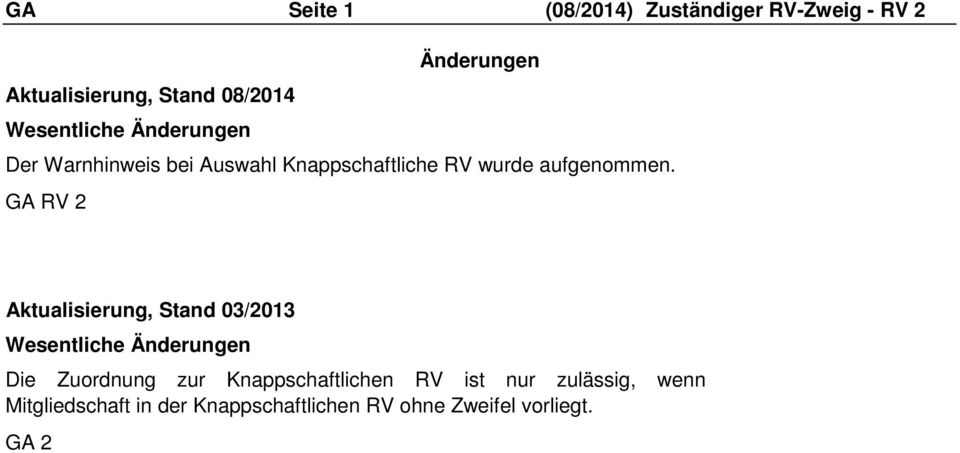 GA RV 2 Aktualisierung, Stand 03/2013 Wesentliche Änderungen Die Zuordnung zur