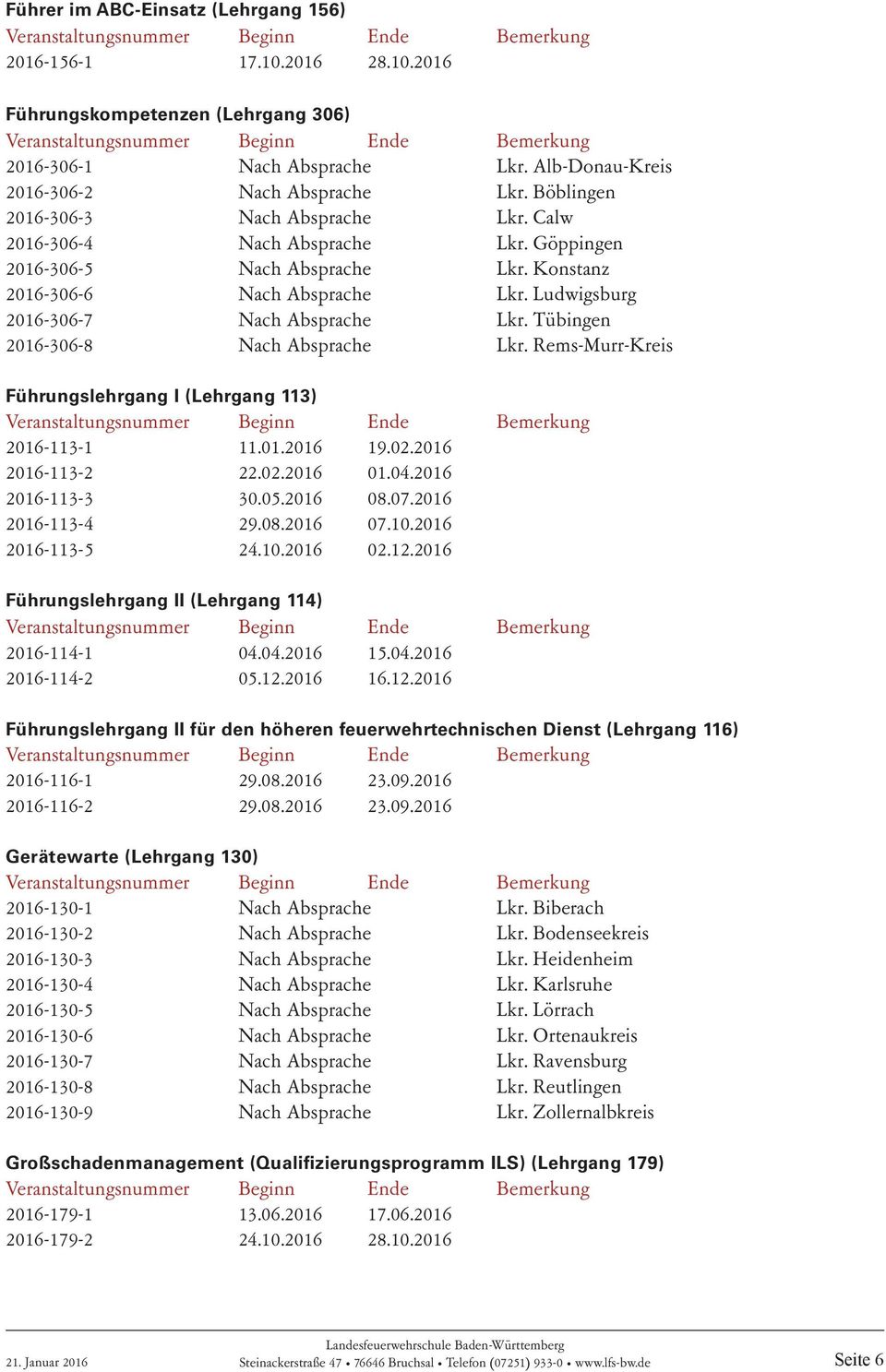 Tübingen 2016-306-8 Nach Absprache Lkr. Rems-Murr-Kreis Führungslehrgang I (Lehrgang 113) 2016-113-1 11.01.2016 19.02.2016 2016-113-2 22.02.2016 01.04.2016 2016-113-3 30.05.2016 08.07.