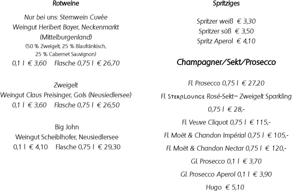 Flasche 0,75 l 26,50 Big John Weingut Scheiblhofer, Neusiedlersee 0,1 l 4,10 Flasche 0,75 l 29,30 Fl. Prosecco 0,75 l 27,20 Fl.