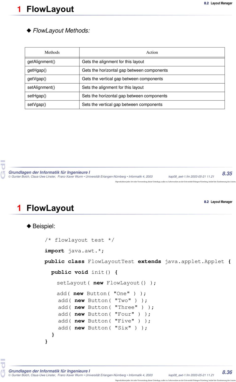 components 8.35 1 FlowLayout Beispiel: /* flowlayout test */ import java.awt.*; public class FlowLayoutTest extends java.applet.