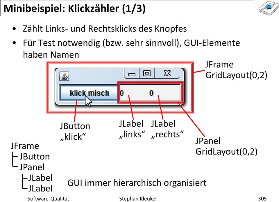 sehr sinnvoll), GUI-Elemente haben Namen JFrame GridLayout(0,2) JFrame JButton