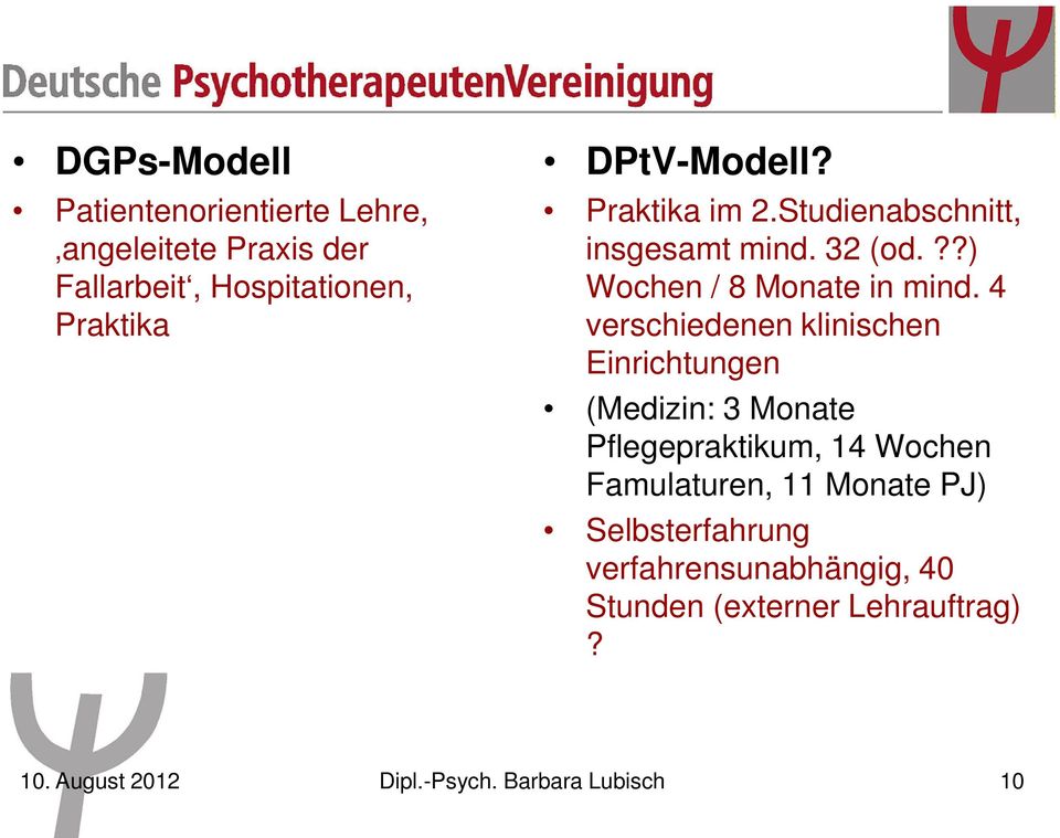 4 verschiedenen klinischen Einrichtungen (Medizin: 3 Monate Pflegepraktikum, 14 Wochen Famulaturen, 11