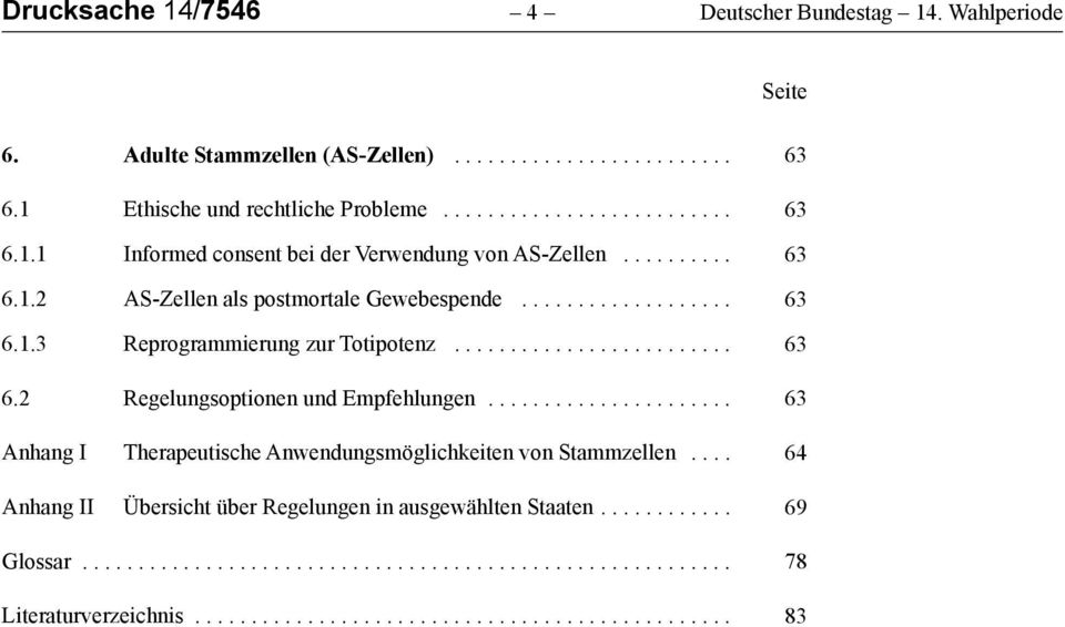 ..................... 63 Anhang I Therapeutische Anwendungsmöglichkeiten von Stammzellen.... 64 Anhang II Übersicht über Regelungen in ausgewählten Staaten............ 69 Glossar.