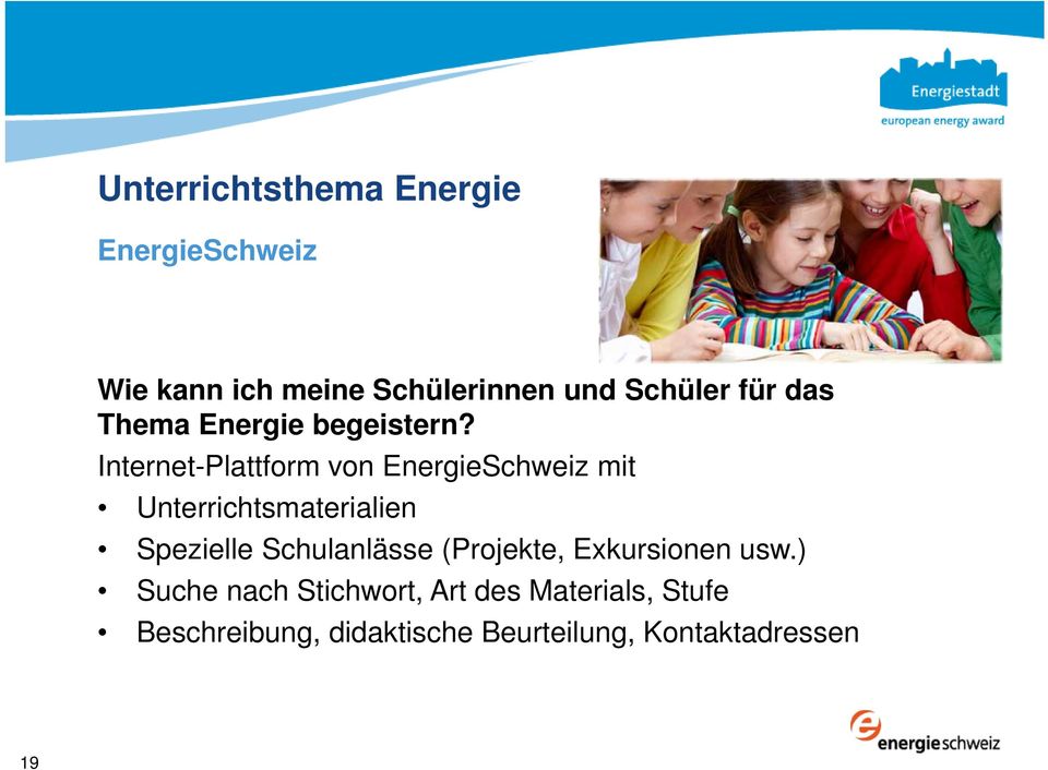 Internet-Plattform von EnergieSchweiz mit Unterrichtsmaterialien Spezielle