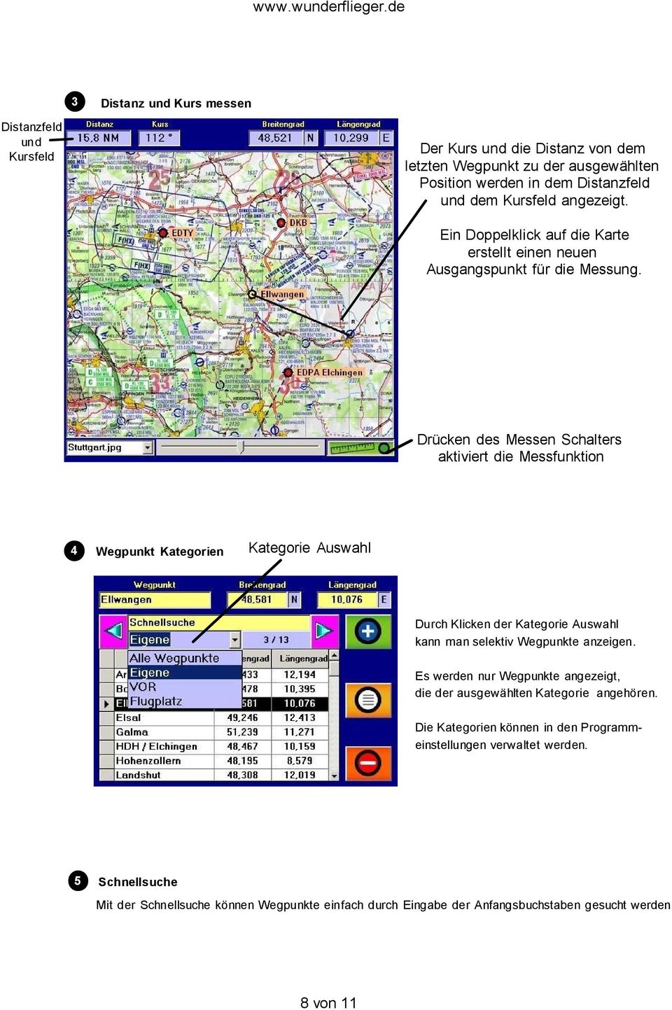 Drücken des Messen Schalters aktiviert die Messfunktion Wegpunkt Kategorien Kategorie Auswahl Durch Klicken der Kategorie Auswahl kann man selektiv Wegpunkte anzeigen.