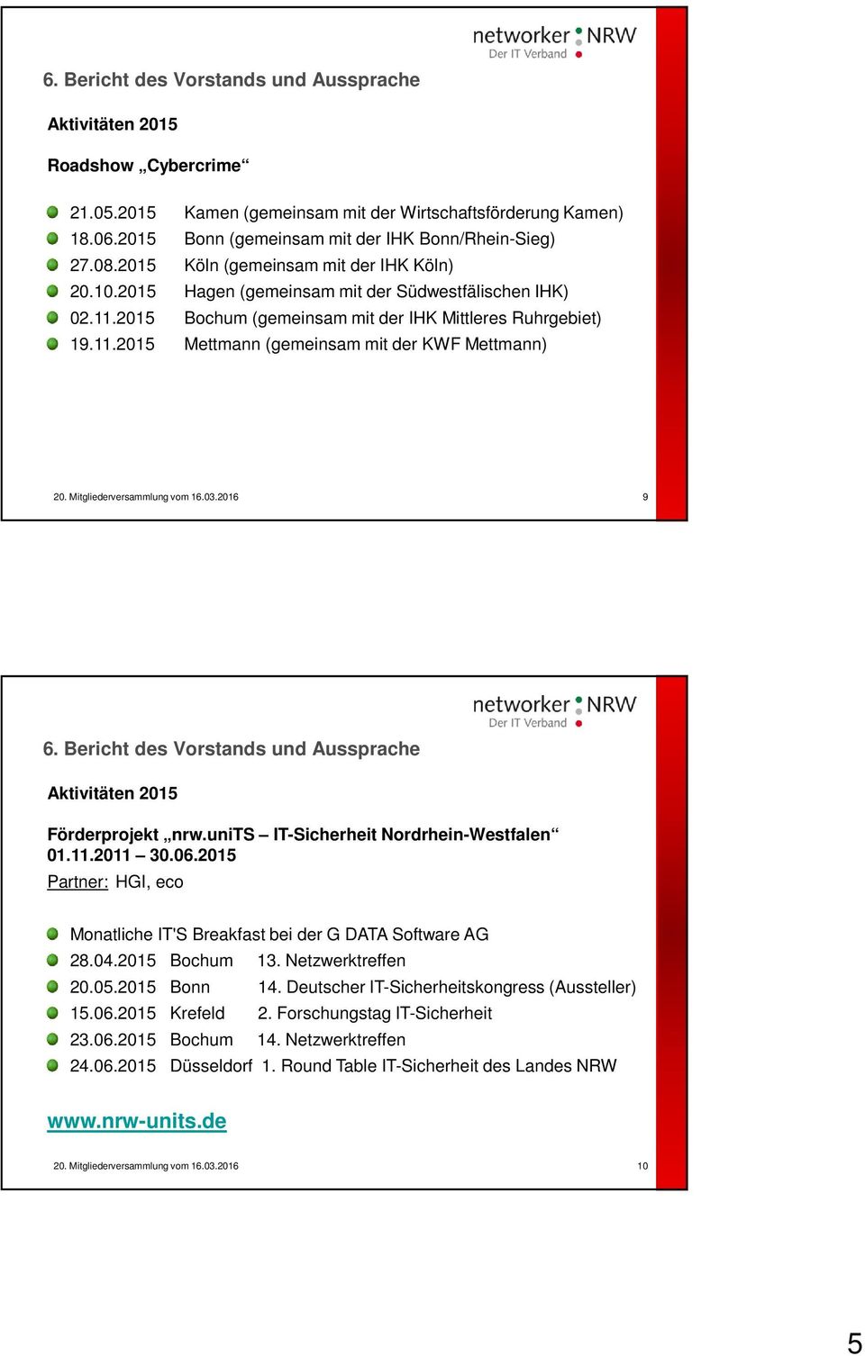 Bericht des Vorstands und Aussprache Aktivitäten 2015 Förderprojekt nrw.units IT-Sicherheit Nordrhein-Westfalen 01.11.2011 30.06.