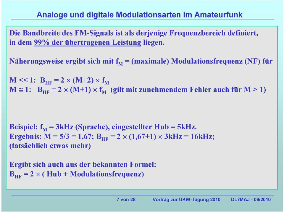 zunehmendem Fehler auch für M > 1) Beispiel: f M = 3kHz (Sprache), eingestellter Hub = 5kHz.