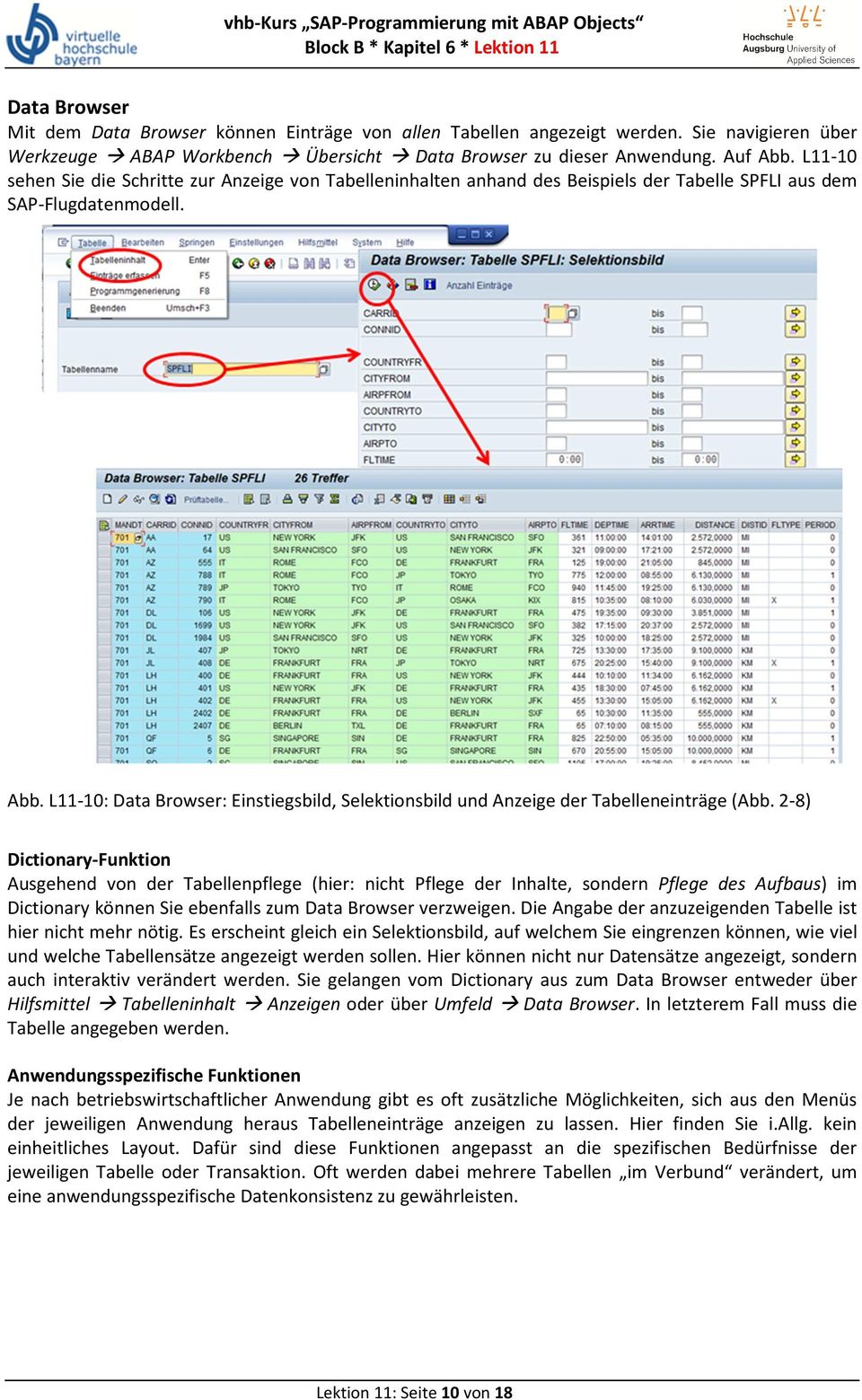L11-10: Data Browser: Einstiegsbild, Selektionsbild und Anzeige der Tabelleneinträge (Abb.