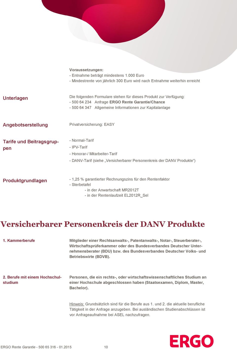 Garantie/Chance - 500 64 347 Allgemeine Informationen zur Kapitalanlage Angebotserstellung Privatversicherung: EASY Tarife und Beitragsgruppen - Normal-Tarif - IPV-Tarif - Honorar-/ Mitarbeiter-Tarif