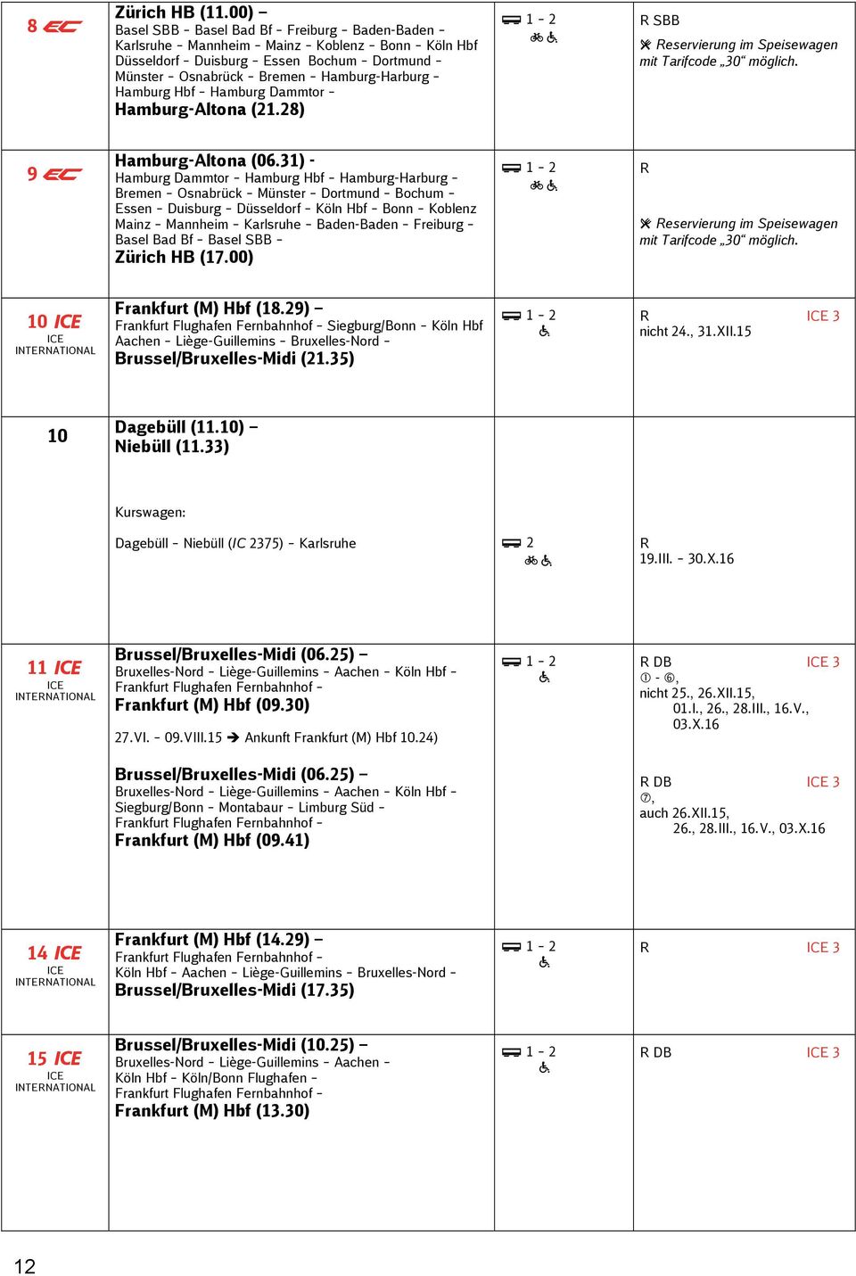 Dammtor Hamburg-Altona (21.28) SBB eservierung im Speisewagen mit Tarifcode 30 möglich. 9 Hamburg-Altona (06.