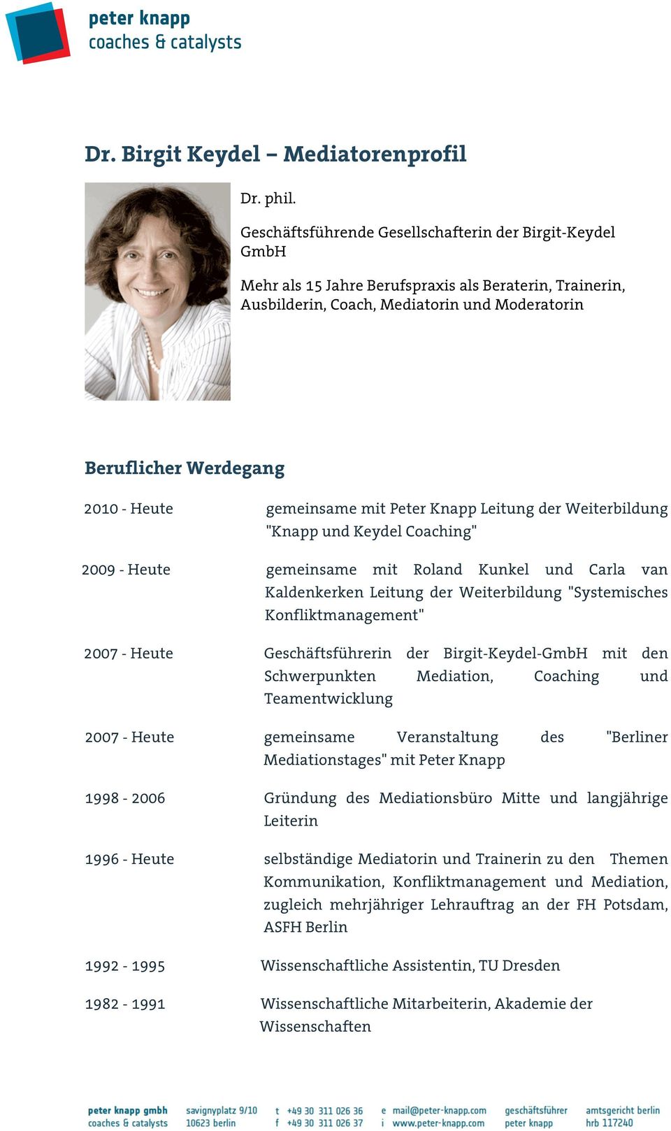 gemeinsame mit Peter Knapp Leitung der Weiterbildung "Knapp und Keydel Coaching" 2009 - Heute gemeinsame mit Roland Kunkel und Carla van Kaldenkerken Leitung der Weiterbildung "Systemisches