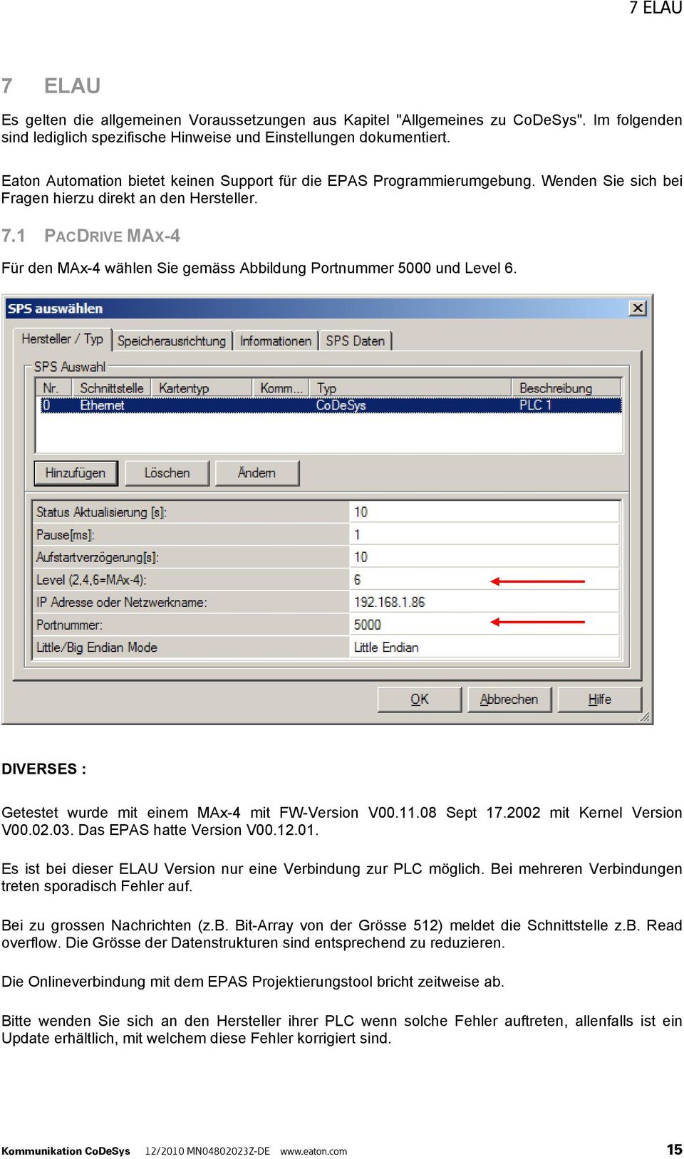 1 PACDRIVE MAX-4 Für den MAx-4 wählen Sie gemäss Abbildung Portnummer 5000 und Level 6. DIVERSES : Getestet wurde mit einem MAx-4 mit FW-Version V00.11.08 Sept 17.2002 mit Kernel Version V00.02.03.