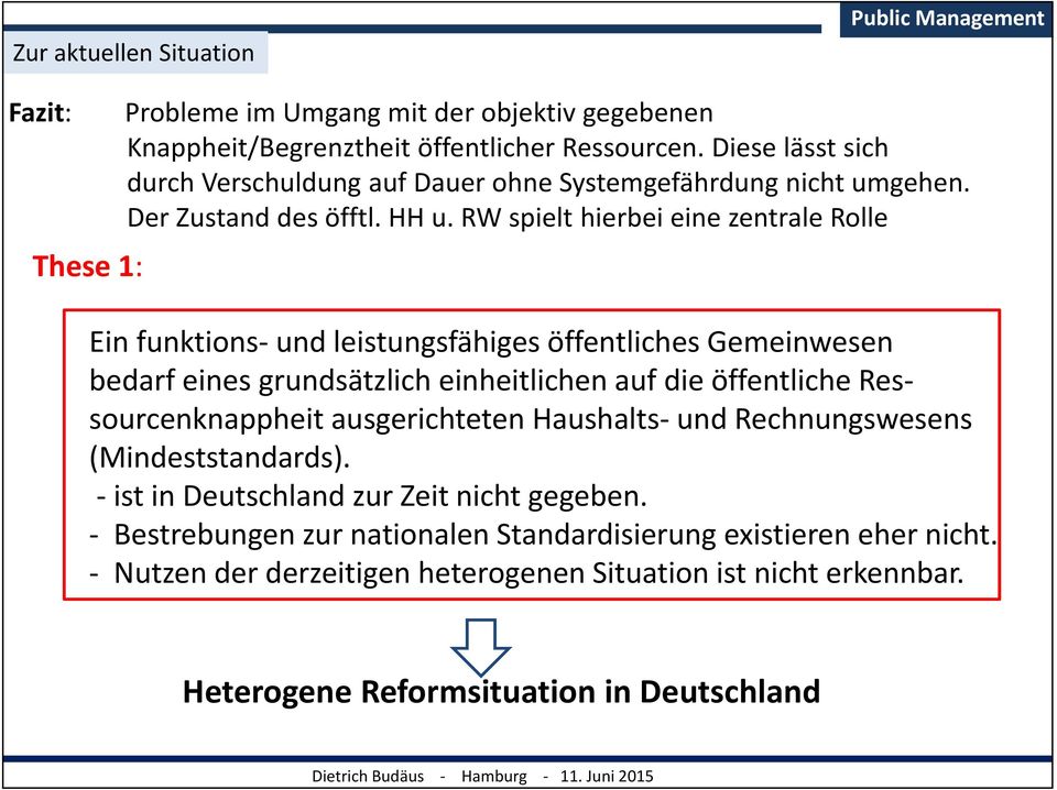 RW spielt hierbei eine zentrale Rolle These 1: Ein funktions und leistungsfähiges öffentliches Gemeinwesen bedarf eines grundsätzlich einheitlichen auf die öffentliche