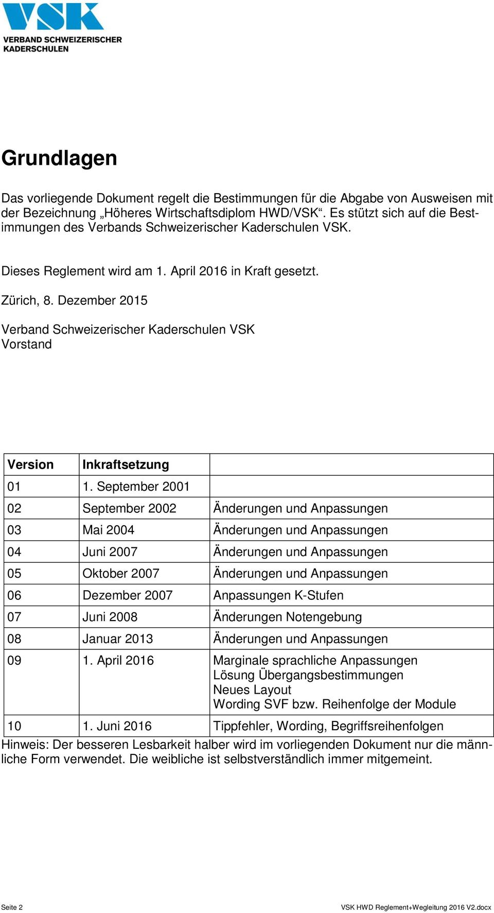 Dezember 2015 Verband Schweizerischer Kaderschulen VSK Vorstand Version Inkraftsetzung 01 1.