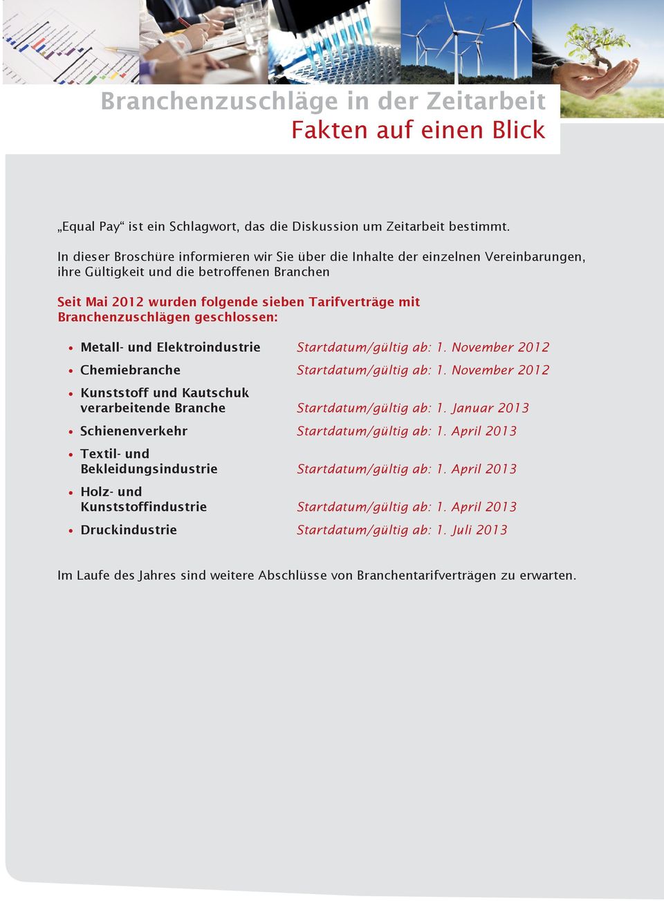 Branchenzuschlägen geschlossen: Metall- und Elektroindustrie Startdatum/gültig ab: 1. November 2012 Chemiebranche Startdatum/gültig ab: 1.
