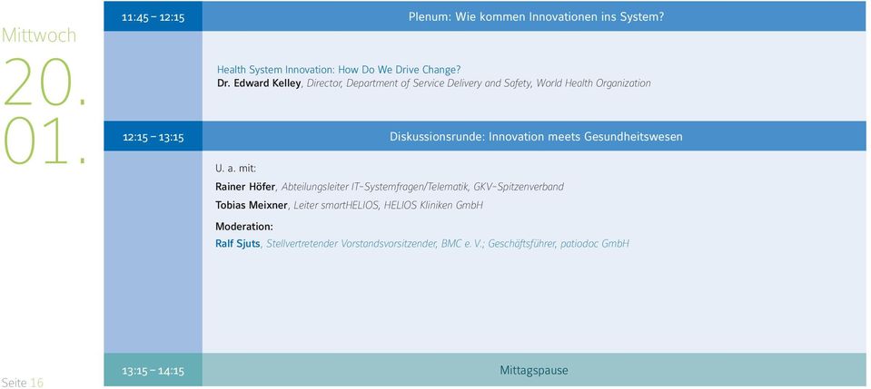 Edward Kelley, Director, Department of Service Delivery and Safety, World Health Organization 12:15 13:15 Diskussionsrunde: Innovation