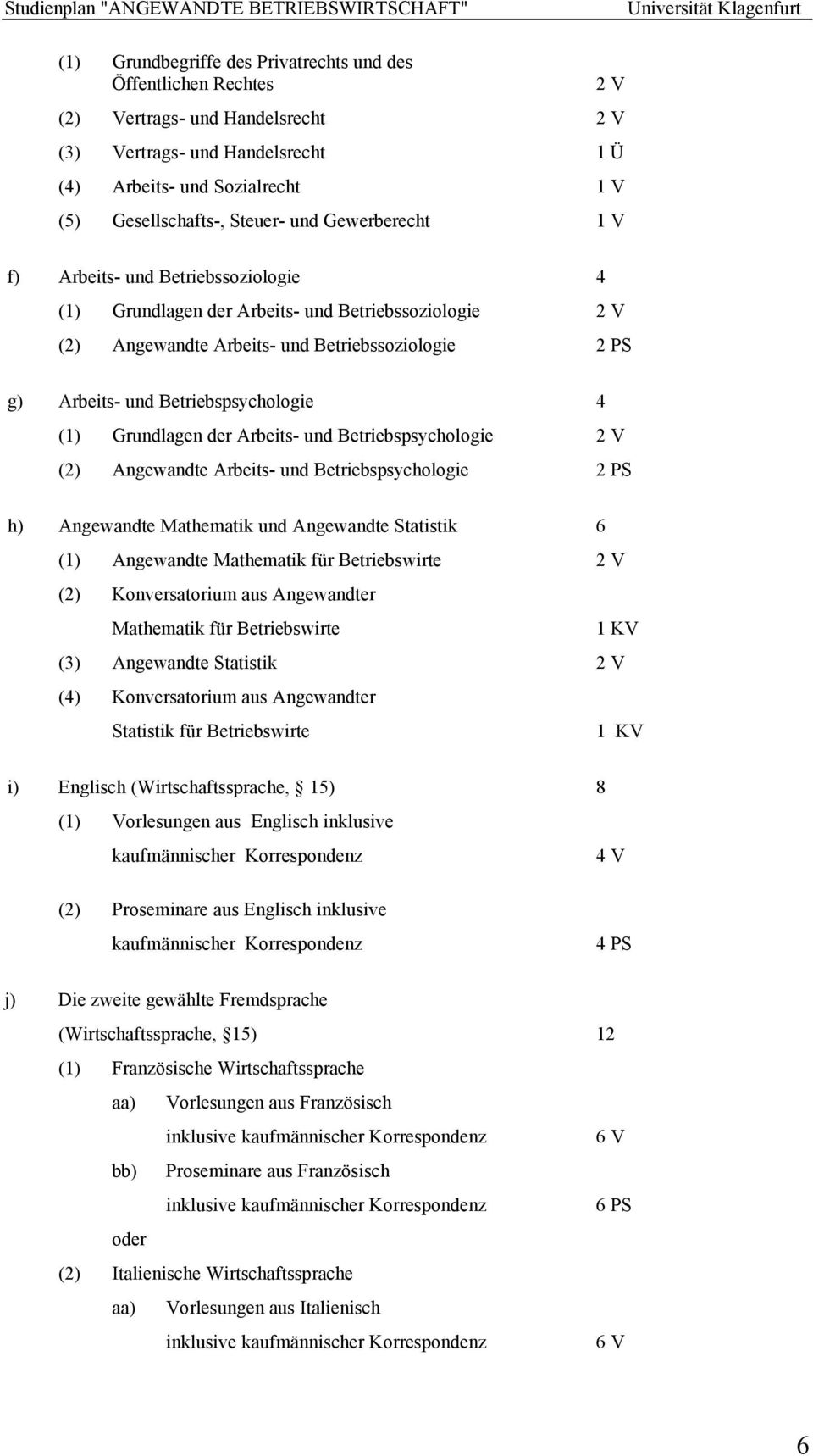 Betriebspsychologie 4 (1) Grundlagen der Arbeits- und Betriebspsychologie 2 V (2) Angewandte Arbeits- und Betriebspsychologie 2 PS h) Angewandte Mathematik und Angewandte Statistik 6 (1) Angewandte
