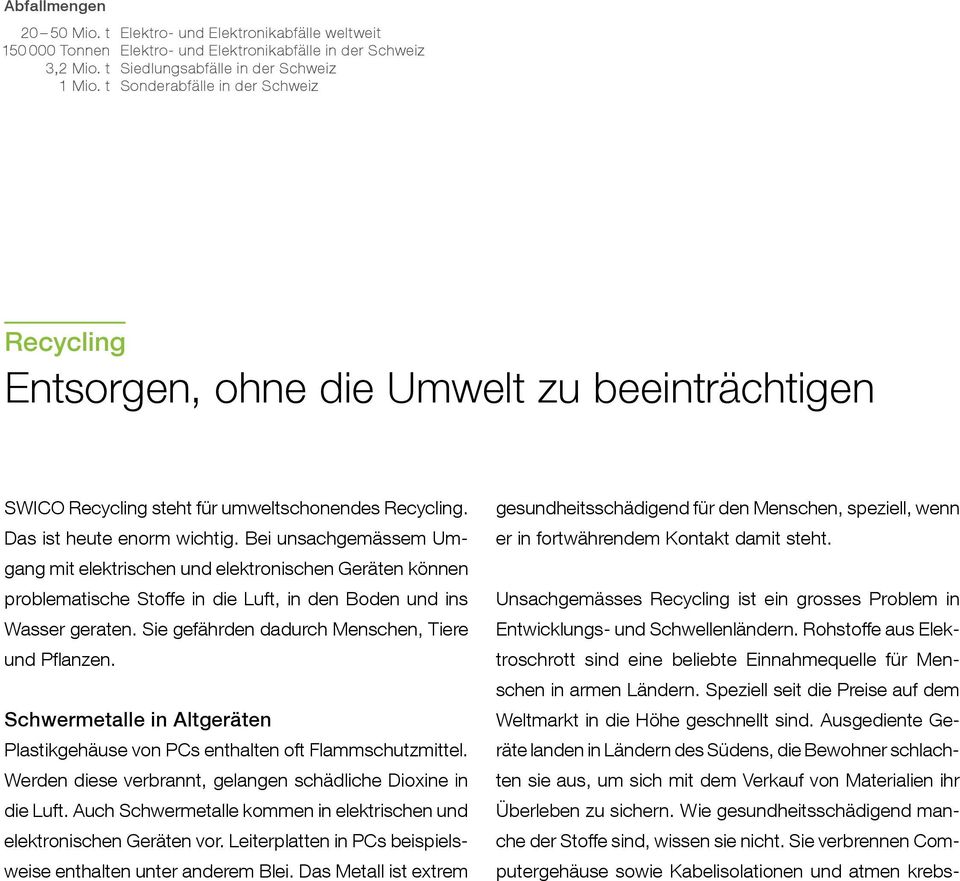 Bei unsachgemässem Umgang mit elektrischen und elektronischen Geräten können problematische Stoffe in die Luft, in den Boden und ins Wasser geraten. Sie gefährden dadurch Menschen, Tiere und Pflanzen.