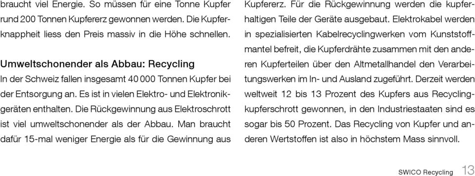 Die Rückgewinnung aus Elektroschrott ist viel umweltschonender als der Abbau. Man braucht dafür 15-mal weniger Energie als für die Gewinnung aus Kupfererz.