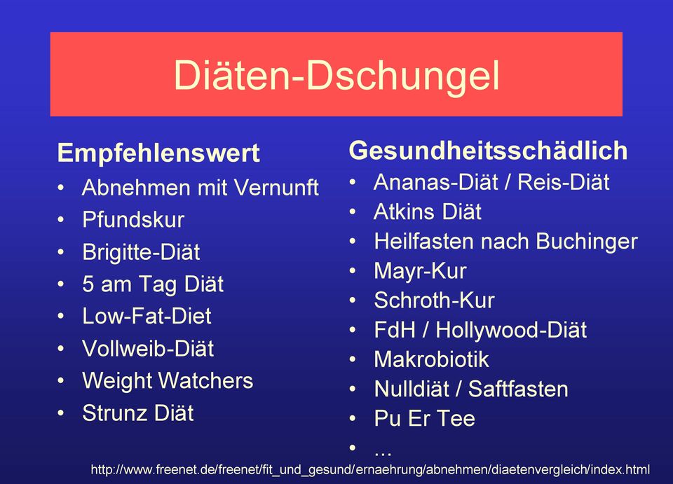 Low-Fat-Diet FdH / Hollywood-Diät Vollweib-Diät Makrobiotik Weight Watchers Nulldiät / Saftfasten