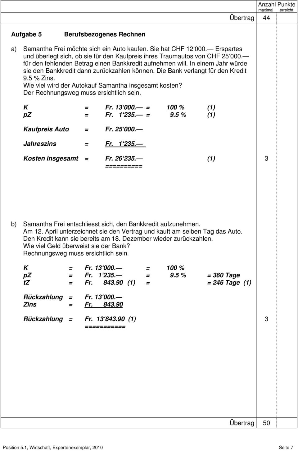 Wie viel wird der Autokauf Samantha insgesamt kosten? Der Rechnungsweg muss ersichtlich sein. K = Fr. 1 000. = 100 % (1) pz = Fr. 1 5. = 9.5 % (1) Kaufpreis Auto = Fr. 5 000. Jahreszins = Fr. 1 5. Kosten insgesamt = Fr.