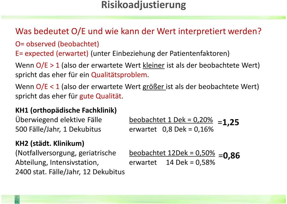 eher für ein Qualitätsproblem. Wenn O/E < 1 (also der erwartete Wert größer ist als der beobachtete Wert) spricht das eher für gute Qualität.