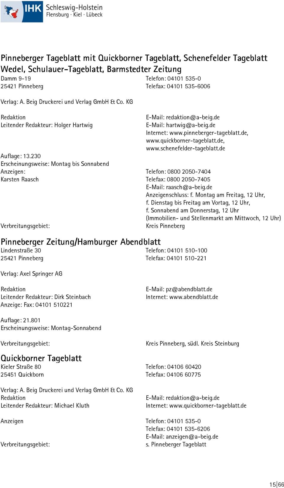 230 Erscheinungsweise: Montag bis Sonnabend Anzeigen: Karsten Raasch Verbreitungsgebiet: E-Mail: redaktion@a-beig.de E-Mail: hartwig@a-beig.de Internet: www.pinneberger-tageblatt.de, www.