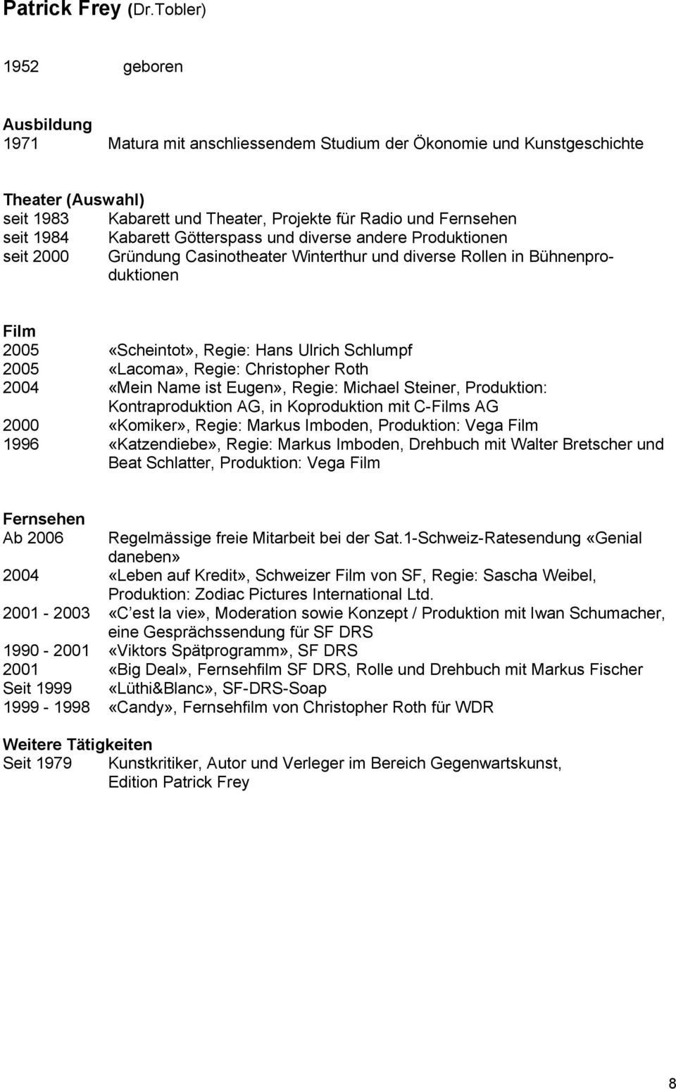 Götterspass und diverse andere Produktionen seit Gründung Casinotheater Winterthur und diverse Rollen in Bühnenproduktionen Film 1996 Fernsehen Ab 2006 2001-1990 - 2001 2001 Seit 1999 1999-1998