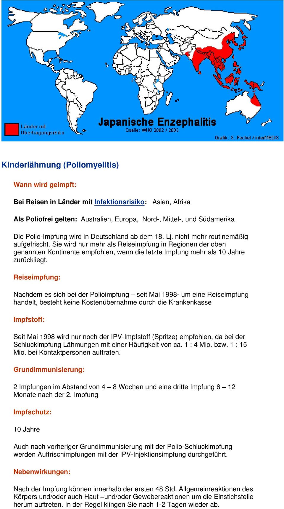 Reiseimpfung: Nachdem es sich bei der Polioimpfung seit Mai 1998- um eine Reiseimpfung handelt, besteht keine Kostenübernahme durch die Krankenkasse Seit Mai 1998 wird nur noch der IPV-Impfstoff