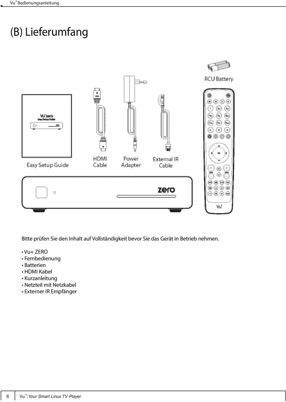 Vu+ ZERO Fernbedienung Batterien HDMI Kabel Kurzanleitung