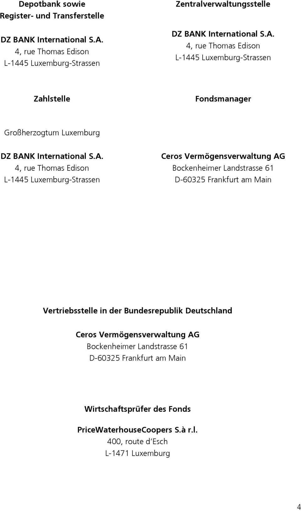 Luxemburg-Strassen Ceros Vermögensverwaltung AG Bockenheimer Landstrasse 61 D-60325 Frankfurt am Main Vertriebsstelle in der Bundesrepublik Deutschland Ceros
