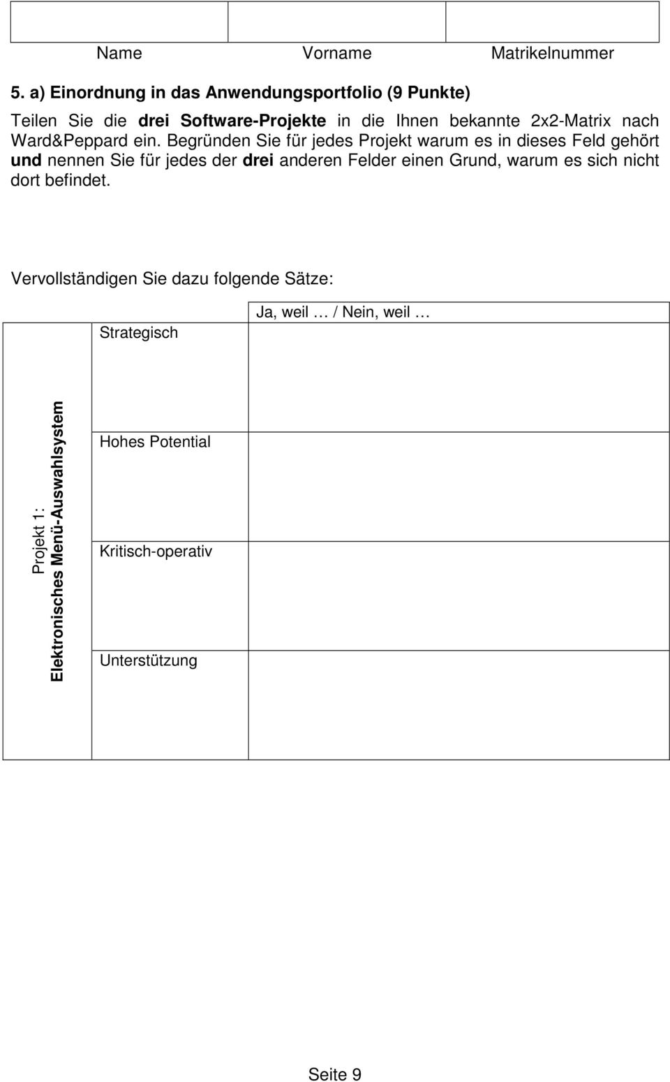 Begründen Sie für jedes Projekt warum es in dieses Feld gehört und nennen Sie für jedes der drei anderen Felder einen