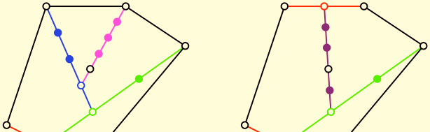 Hans Walser: Schwerpunkte nach Archimedes 8/11 Abb. 13: Zerlegungsbeweis 2.5 Fünfeck Die Abbildung 14 zeigt zwei verschiedene Beispiele für das Fünfeck.