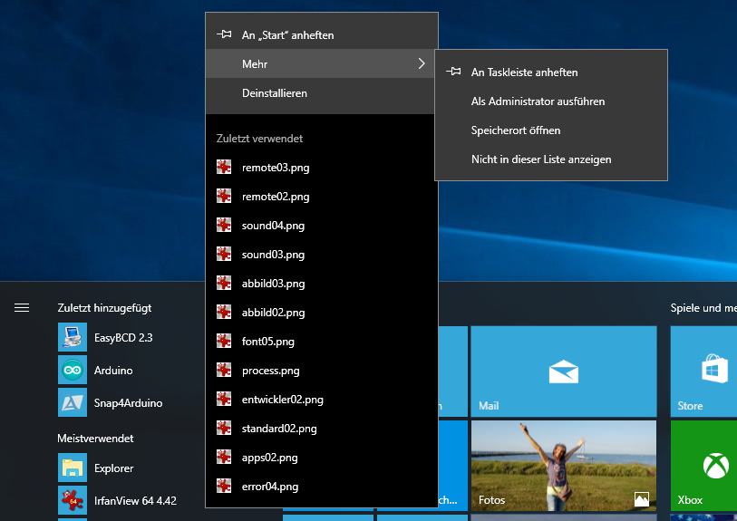 2 Das neue Startmenü in Windows 10 Menü beim Rechtsklick auf ein klassisches Programm im Startmenü. Startmenü anpassen Die Kacheln lassen sich beliebig anordnen.