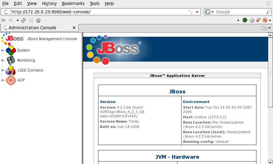 Web Console F Kombination aus einem Applet und einer HTML-Ansicht des JMX-Microkernels und der Komponenten F MBean-Links