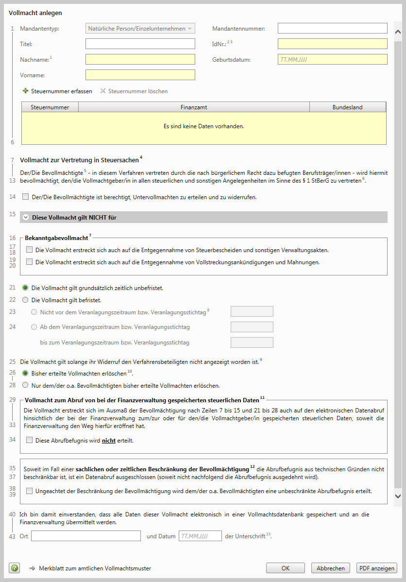 3. Falls notwendig, können Sie Änderungen an der Vertretungsvollmacht gemäß vorliegender, erteilter Papiervollmacht Ihres Mandanten vornehmen.